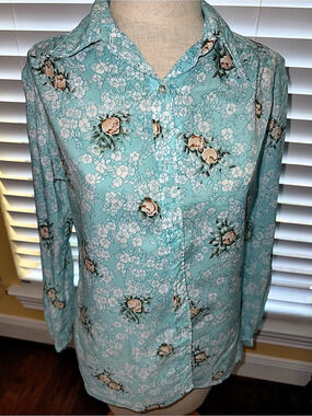 Vintage Personalite Floral Button Down Blouse in Blue & Pink Size 12